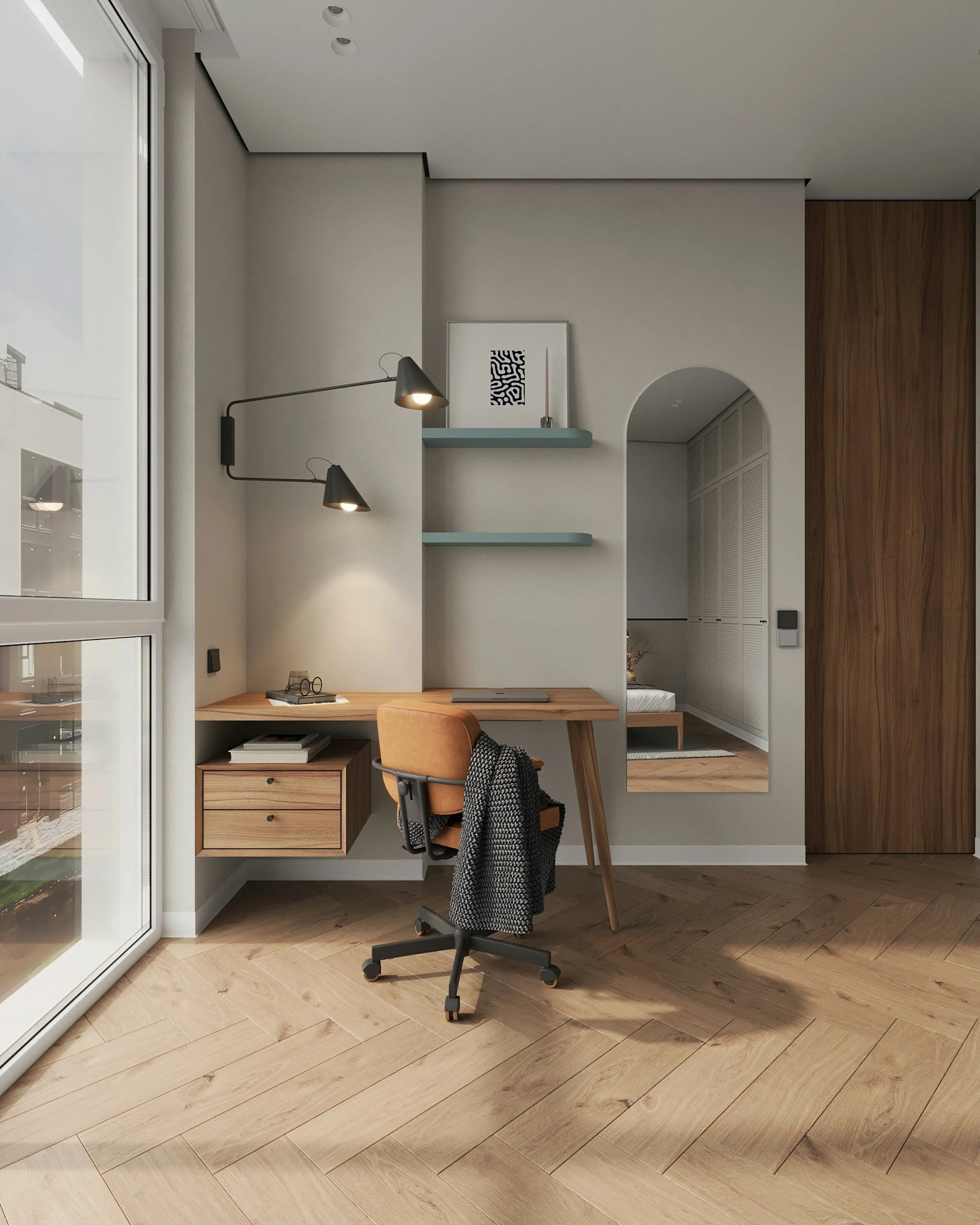 Bureau in een nis met wandlamp en een lichte houten vloer