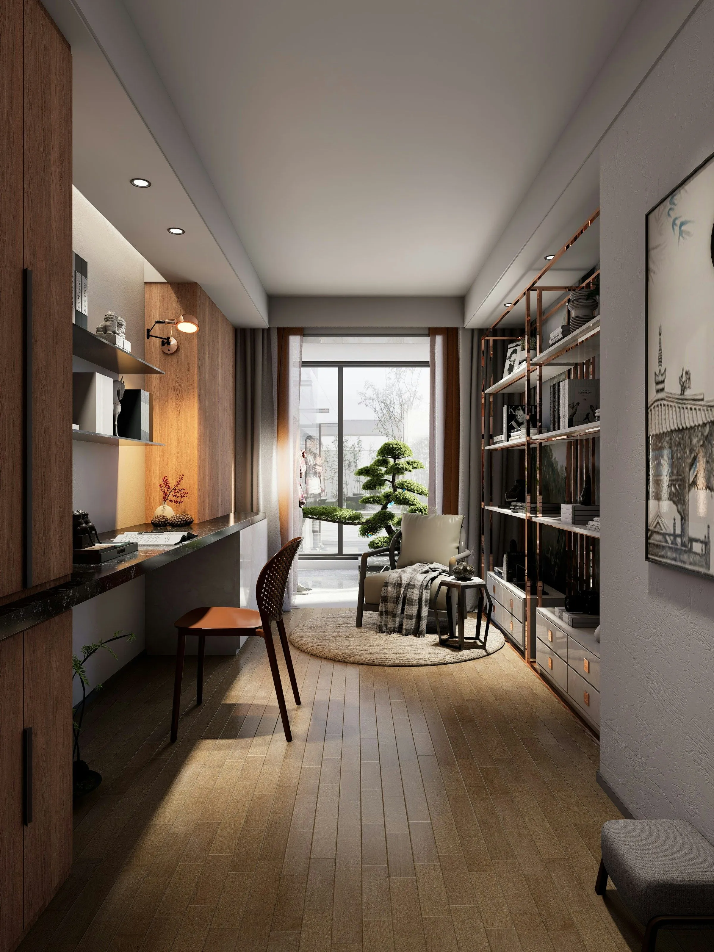 Lange werkkamer met een bureau langs de wand en kasten tot het plafond