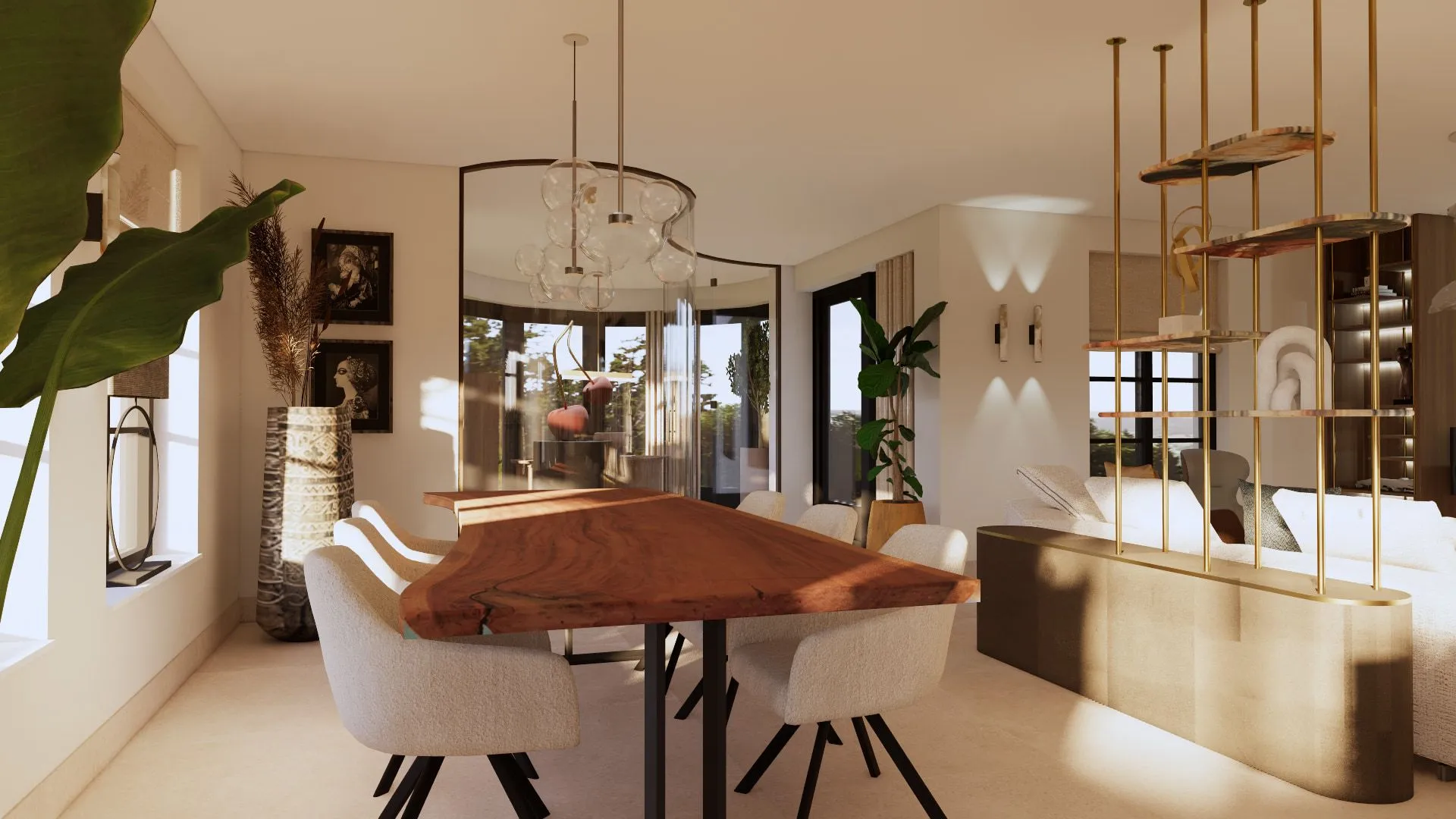 Eettafel van massief hout in een lichte woonkamer